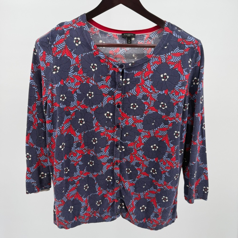 Talbots 1X Floral Cardigan Navy Red Lightweight Button Front Plus Size Cardigan
